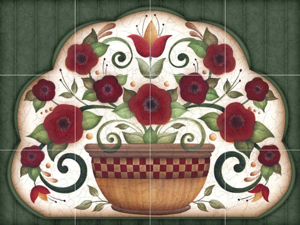 AA-Country Flowers in Pot on Green – Porcelain Tile Mural