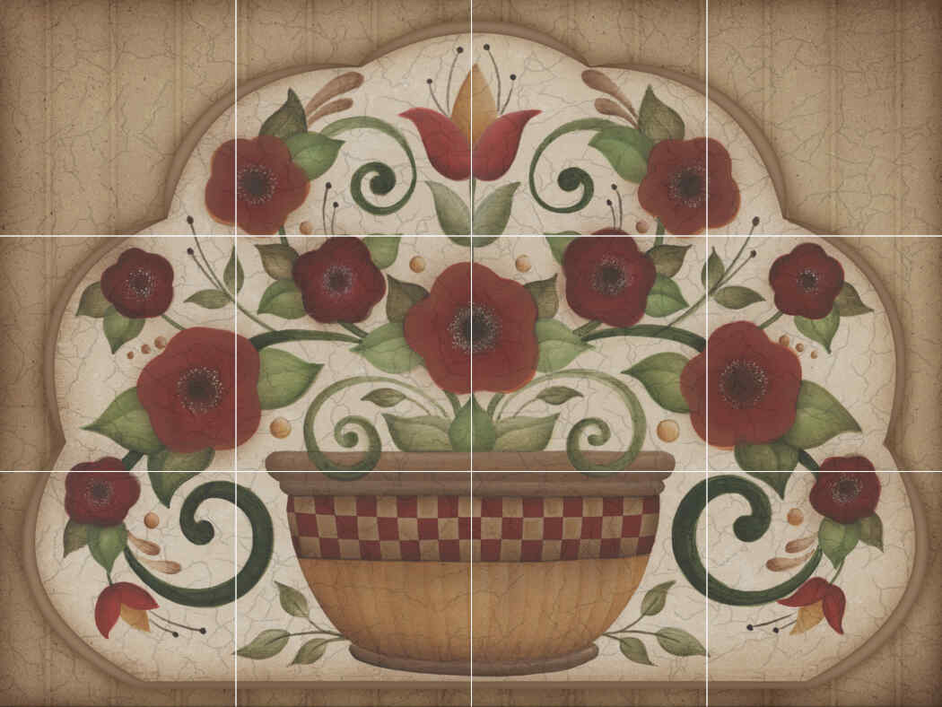 AA-Country Flowers in Pot on Brown – Porcelain Tile Mural