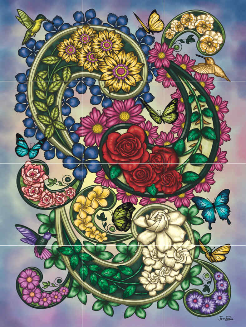 Paisley Flowers with Red Roses – Affordable Tile Mural